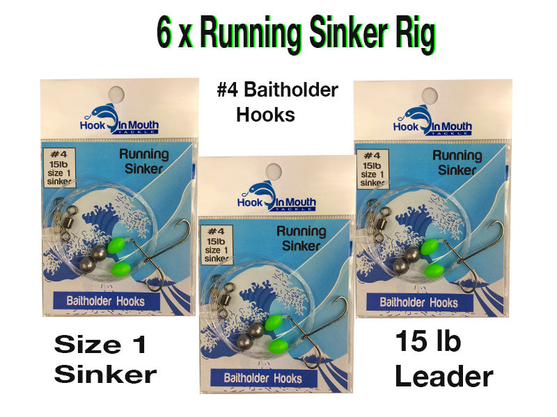 Running Sinker - #4 Baitholder Hooks on 15lb Leader - Size 1 Ball Sink –  Hook in Mouth Tackle