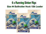 Running Sinker - #4 Baitholder Hooks on 15lb Leader - Size 2 Ball Sinker