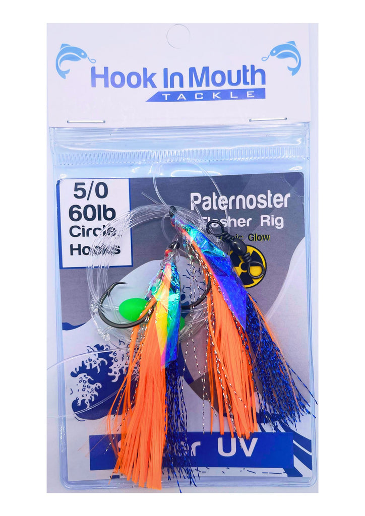 3 Flathead Flasher Fishing Rigs - Blue - Paternoster - 60lb - 5/0