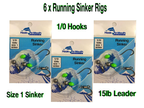 Running Sinker - 1/0 Octopus Beak Hooks on 15lb Leader - Size 1 Ball Sinker