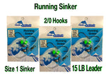 Running Sinker - 2/0 Octopus Beak Hooks on 15lb Leader - Size 1 Ball Sinker